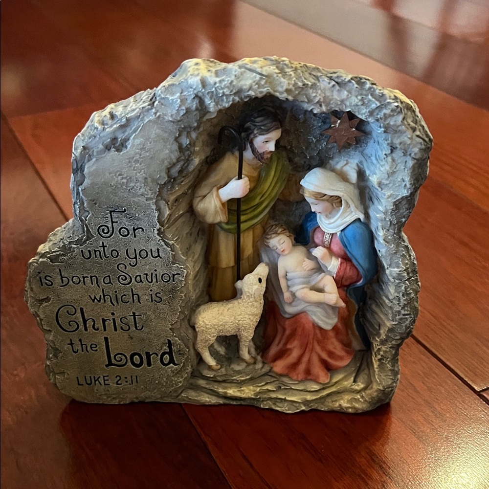 Hand-Painted Nativity Figurine with Scripture